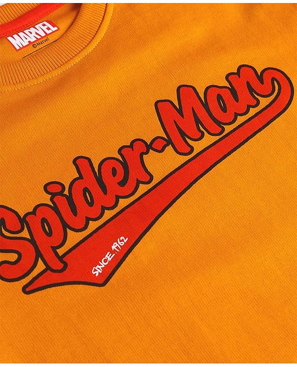 Pine Kids Disney Terry Knit Half Drop Shoulder Sleeves T-Shirt with Spiderman Graphics & Badge Detailing - Orange
