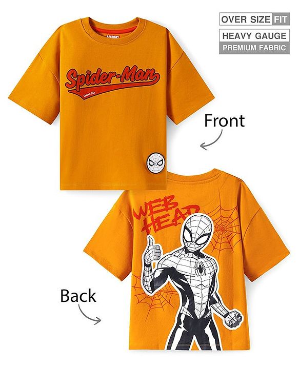 Pine Kids Disney Terry Knit Half Drop Shoulder Sleeves T-Shirt with Spiderman Graphics & Badge Detailing - Orange