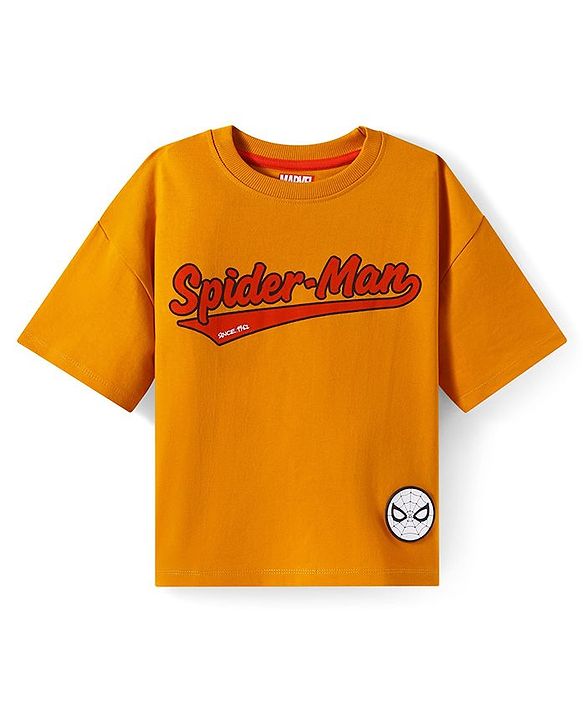 Pine Kids Disney Terry Knit Half Drop Shoulder Sleeves T-Shirt with Spiderman Graphics & Badge Detailing - Orange
