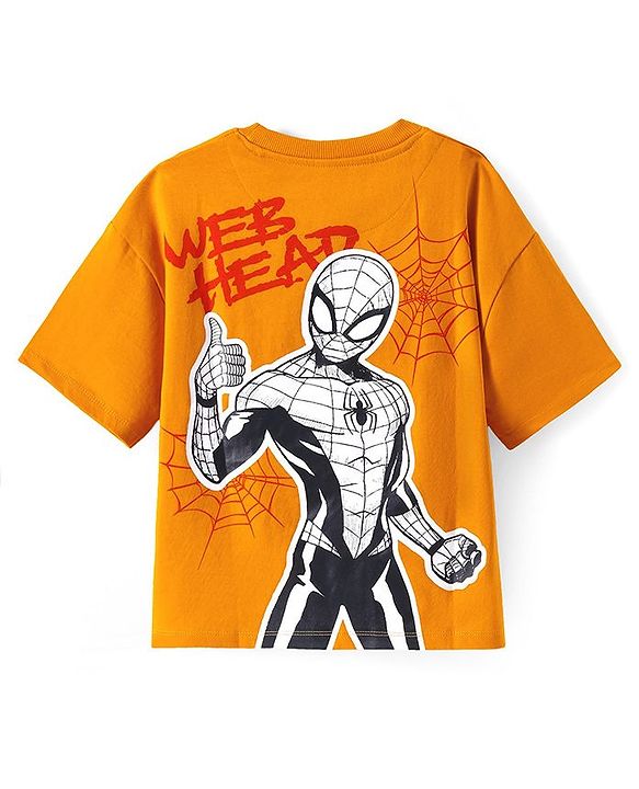 Pine Kids Disney Terry Knit Half Drop Shoulder Sleeves T-Shirt with Spiderman Graphics & Badge Detailing - Orange