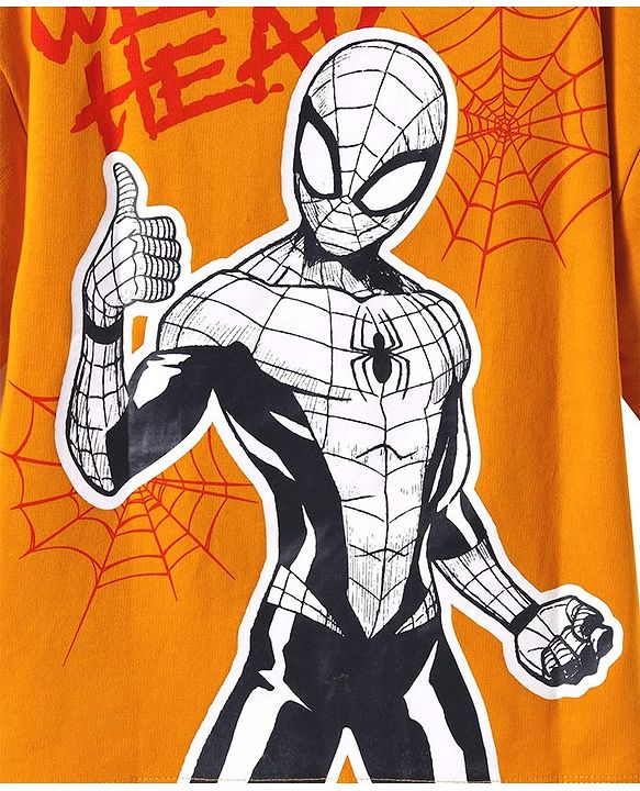 Pine Kids Disney Terry Knit Half Drop Shoulder Sleeves T-Shirt with Spiderman Graphics & Badge Detailing - Orange