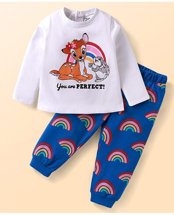 Babyhug Disney Single Jersey Knit Full Sleeves Night Suit With Bambi Graphics - Blue & White