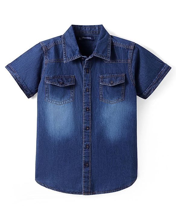 Pine Kids Denim Woven Half Sleeves Washed Shirt - Navy Blue