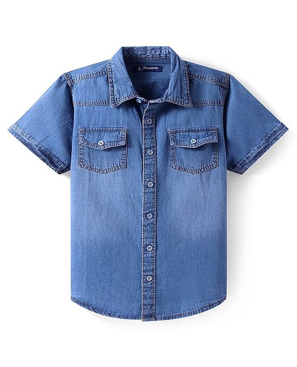Pine Kids Denim Woven Half Sleeves Washed Shirt - Navy Blue