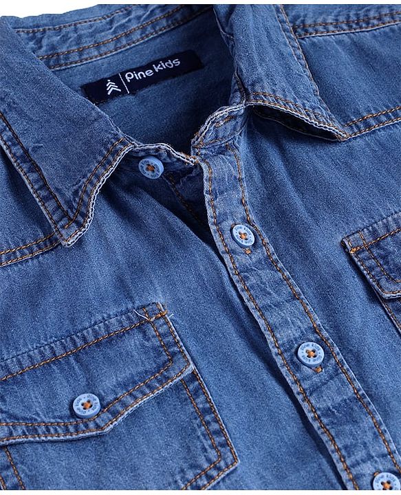Pine Kids Denim Woven Half Sleeves Washed Shirt - Navy Blue