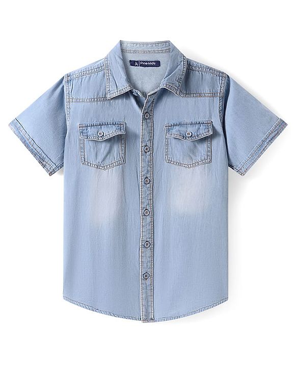 Pine Kids Denim Woven Half Sleeves Washed Shirt - Navy Blue