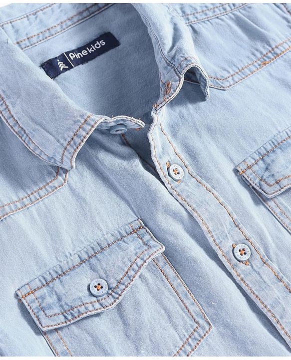 Pine Kids Denim Woven Half Sleeves Washed Shirt - Navy Blue