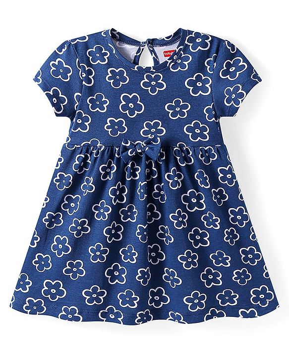 Babyhug Single Jersey Knit Half Sleeves Frock With Floral Print & Bow Applique - Blue