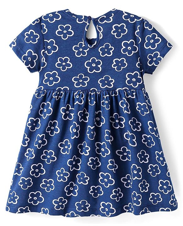Babyhug Single Jersey Knit Half Sleeves Frock With Floral Print & Bow Applique - Blue