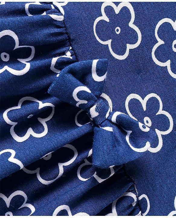 Babyhug Single Jersey Knit Half Sleeves Frock With Floral Print & Bow Applique - Blue