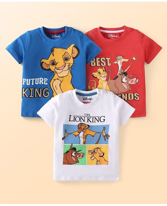 Babyhug Disney Single Jersey Knit Half Sleeves T-Shirts with Simba & Friend Graphics Pack of 3 - White Blue & Red