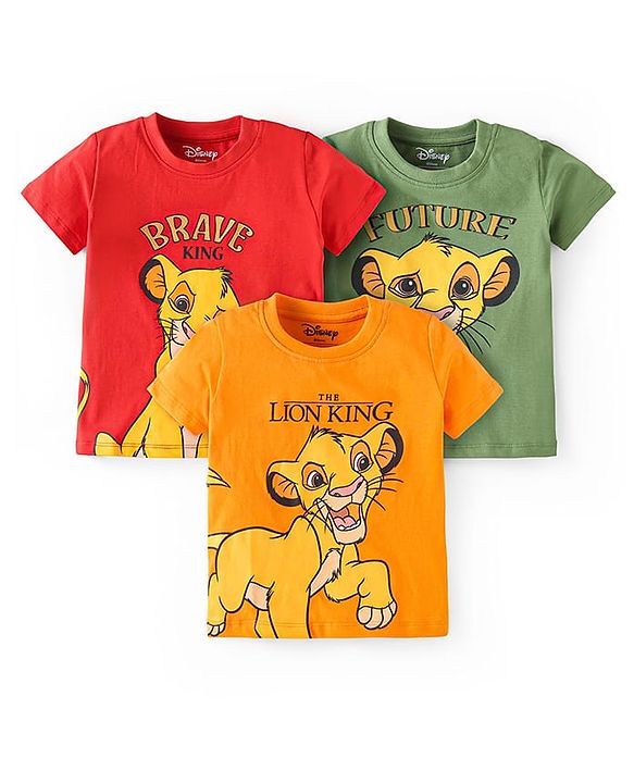 Babyhug Disney Single Jersey Knit Half Sleeves T-Shirts with Lion KIngs Graphics Pack of 3 - Red Yellow & Green