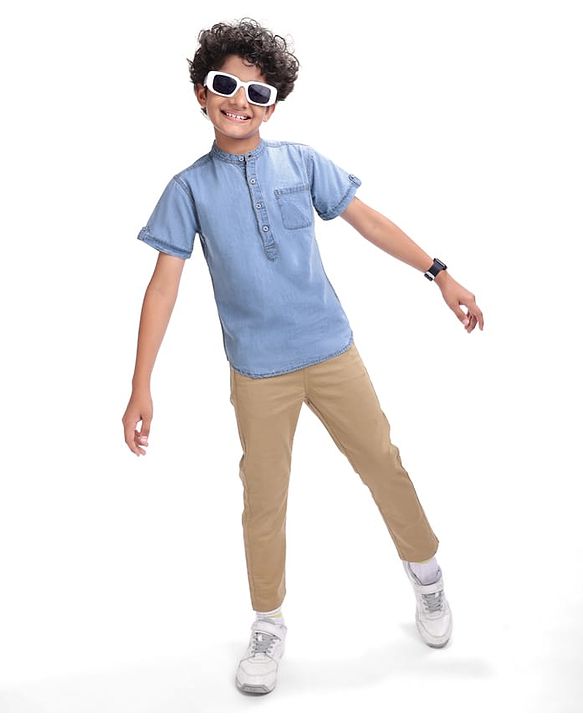 Pine Kids Denim Woven Half Sleeves Mandarin Collar Washed Shirt - Light Blue