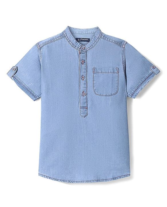 Pine Kids Denim Woven Half Sleeves Mandarin Collar Washed Shirt - Light Blue