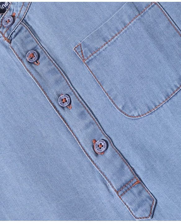 Pine Kids Denim Woven Half Sleeves Mandarin Collar Washed Shirt - Light Blue