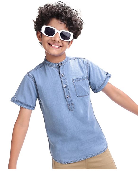 Pine Kids Denim Woven Half Sleeves Mandarin Collar Washed Shirt - Light Blue