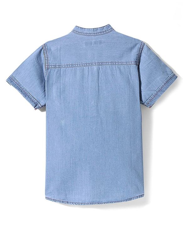 Pine Kids Denim Woven Half Sleeves Mandarin Collar Washed Shirt - Light Blue