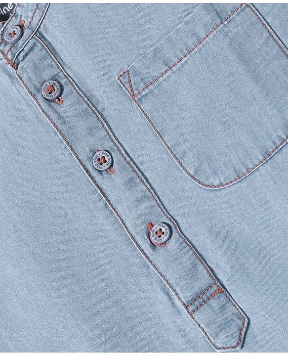 Pine Kids Denim Woven Half Sleeves Mandarin Collar Washed Shirt - Light Blue