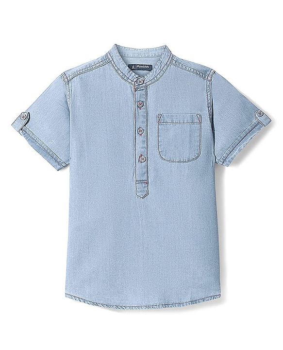 Pine Kids Denim Woven Half Sleeves Mandarin Collar Washed Shirt - Light Blue