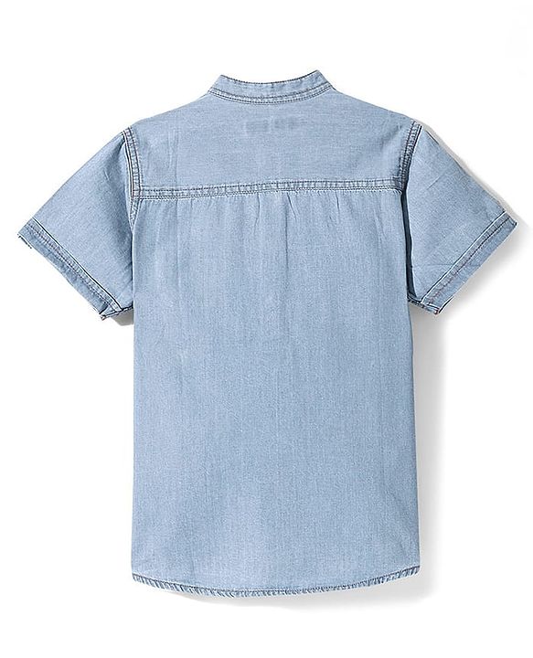 Pine Kids Denim Woven Half Sleeves Mandarin Collar Washed Shirt - Light Blue