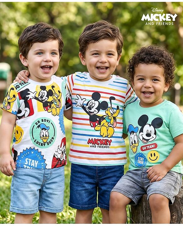 Babyhug Disney Single Jersey Knit Half Sleeves T-Shirt with Mickey & Friends Graphics Pack of 3 - White & Mint Green