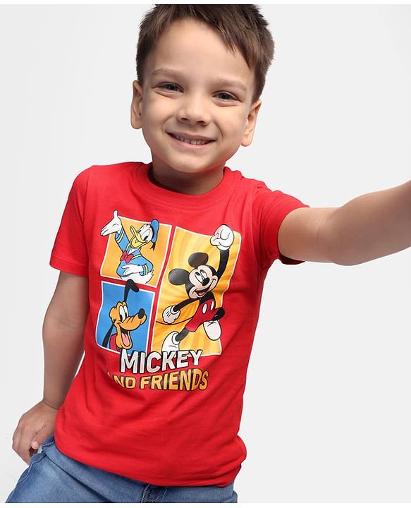 Babyhug Disney Single Jersey Knit Half Sleeves T-Shirt with Mickey & Friends Graphics - Red