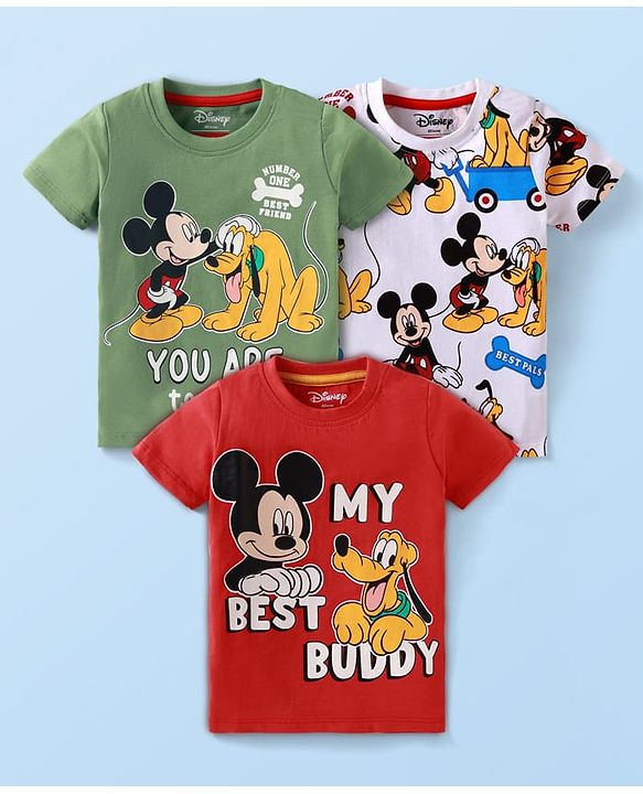 Babyhug Disney Single Jersey Knit Half Sleeves T-Shirts with Mickey & Pluto Graphics Pack of 3 - Green White & Red