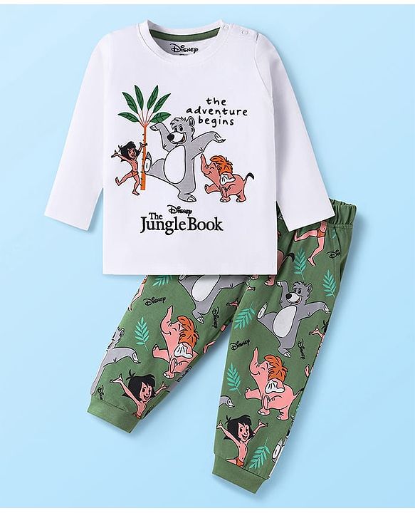 Babyhug Disney Single Jersey Knit Full Sleeve Night Suit With Mowgli & Balu Graphic - White & Green