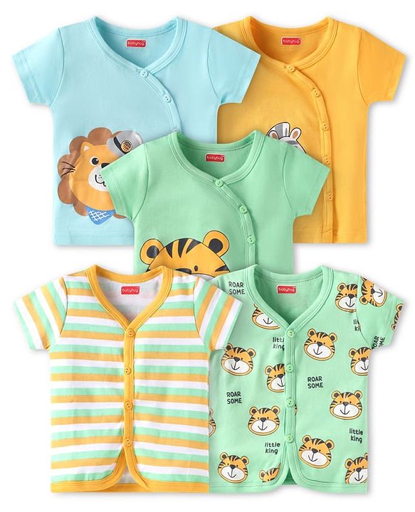 Babyhug Interlock Knit Half Sleeves Vests With Animal Print Pack of 5 - Blue Green & Yellow