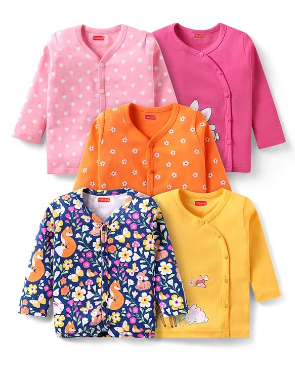 Babyhug 100% Cotton Knit Full Sleeves Floral Animal & Polka Dots Printed Jhablas Pack of 5 - Navy Blue Orange & Yellow
