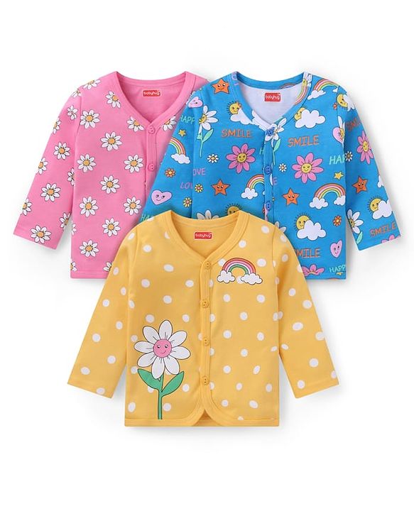 Babyhug 100% Cotton Knit Full Sleeves Front Open Vests with Floral & Polka Dots Print Pack of 3 - Yellow Blue & Pink