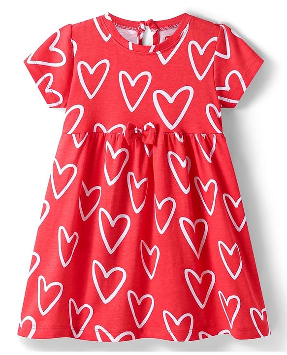 Babyhug Single Jersey Knit Half Sleeves Anti Bacterial Heart Printed Frock with Bow Applique - Red