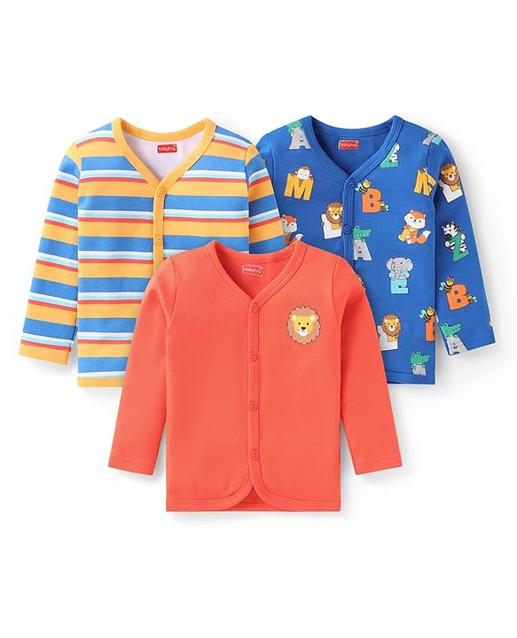 Babyhug Interlock Knit Full Sleeves Jhablas with Stripe & Animal Print Pack Of 3 - Blue Yellow & Red