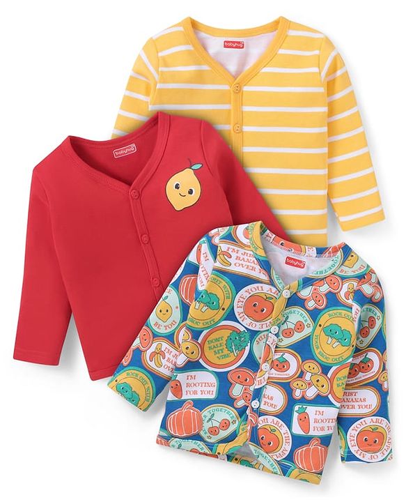 Babyhug 100% Cotton Knit Full Sleeves Front Open Vests with Striped &  Fruit Print Pack of 3 - Red Yellow & Blue