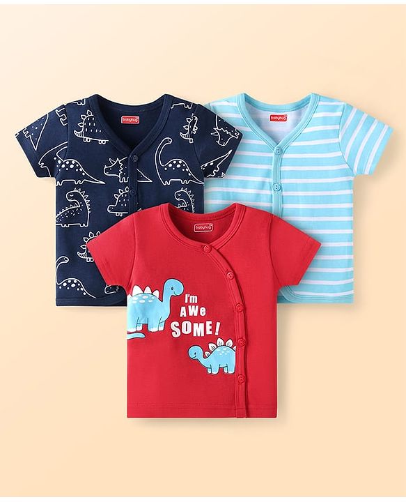 Babyhug Interlock Knit Half Sleeves Vests With Dino Print Pack of 3 - Navy Blue Red & Light Blue