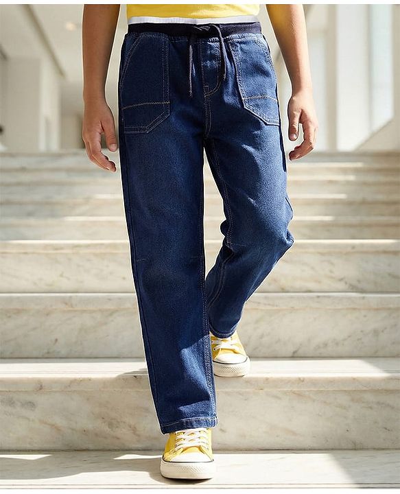 Pine Kids Full Length Solid Color Denim Jeans with Ribbed Waist - Blue