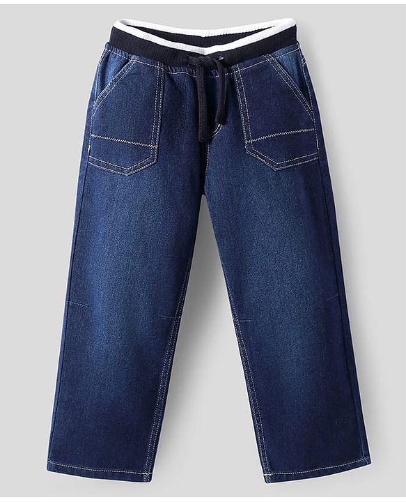 Pine Kids Full Length Solid Color Denim Jeans with Ribbed Waist - Blue