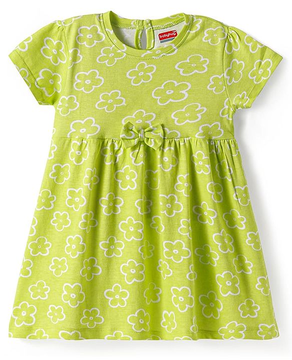 Babyhug Single Jersey Knit Half Sleeves Frock With Floral Print & Bow Applique - Green