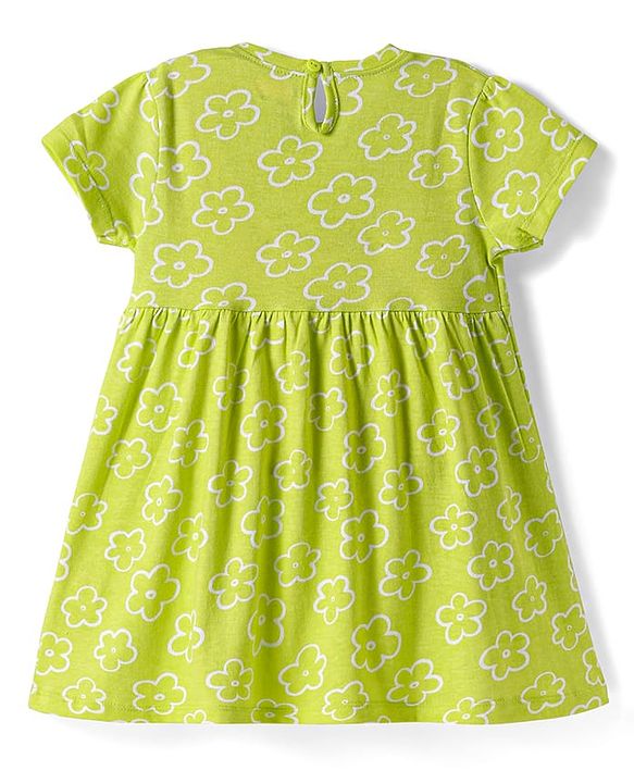 Babyhug Single Jersey Knit Half Sleeves Frock With Floral Print & Bow Applique - Green