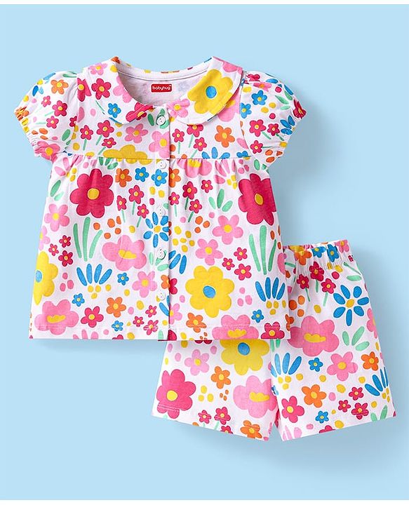 Babyhug Cotton Knit Half Sleeves Front Open Shorts Night Suit With Floral Print & Peter Pan Collar - White