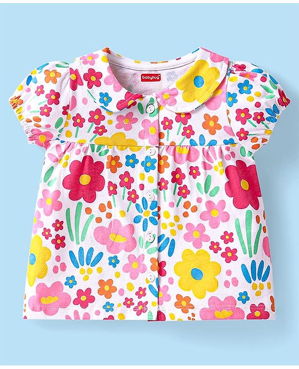 Babyhug Cotton Knit Half Sleeves Front Open Shorts Night Suit With Floral Print & Peter Pan Collar - White