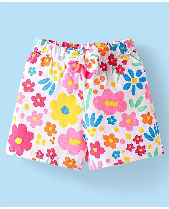 Babyhug Cotton Knit Half Sleeves Front Open Shorts Night Suit With Floral Print & Peter Pan Collar - White