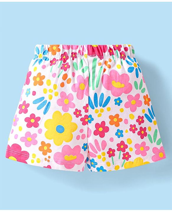 Babyhug Cotton Knit Half Sleeves Front Open Shorts Night Suit With Floral Print & Peter Pan Collar - White