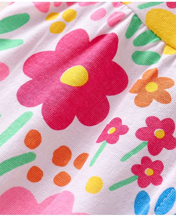 Babyhug Cotton Knit Half Sleeves Front Open Shorts Night Suit With Floral Print & Peter Pan Collar - White