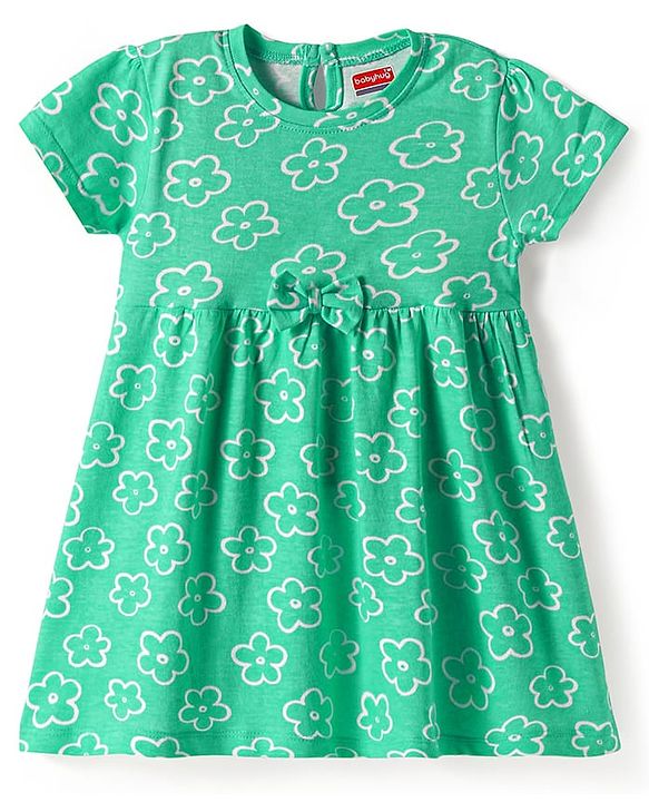 Babyhug Single Jersey Knit Half Sleeves Frock With Floral Print & Bow Applique - Green