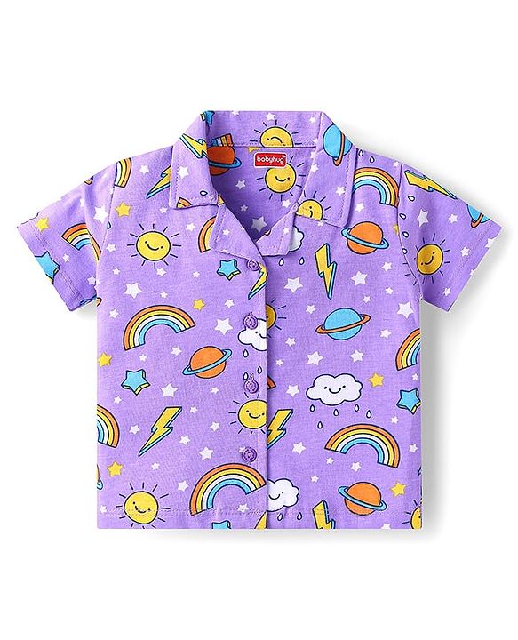 Babyhug Cotton Knit Half Sleeves Pyjama Night Suit with Rainbow Print - Lilac