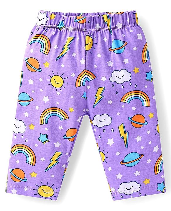 Babyhug Cotton Knit Half Sleeves Pyjama Night Suit with Rainbow Print - Lilac