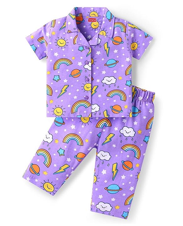 Babyhug Cotton Knit Half Sleeves Pyjama Night Suit with Rainbow Print - Lilac