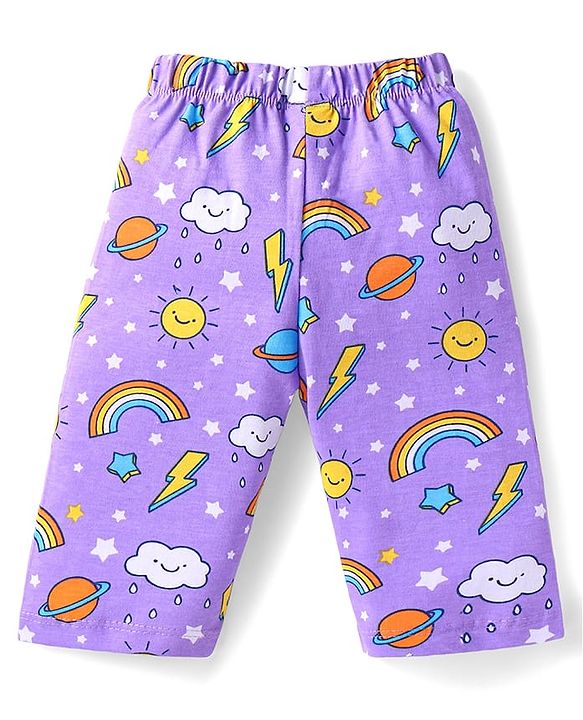 Babyhug Cotton Knit Half Sleeves Pyjama Night Suit with Rainbow Print - Lilac