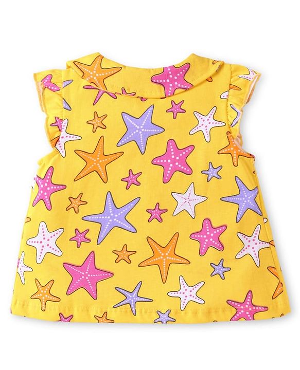 Babyhug Cotton Knit Frill Sleeves Shorts Night Suit with Starfish Print - Yellow